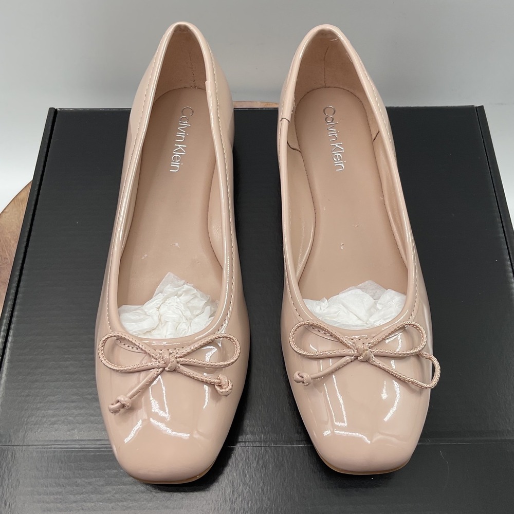 Calvin Klein Nude Patent Square Toe Ballet Flats with Bow Accent Blush Pink